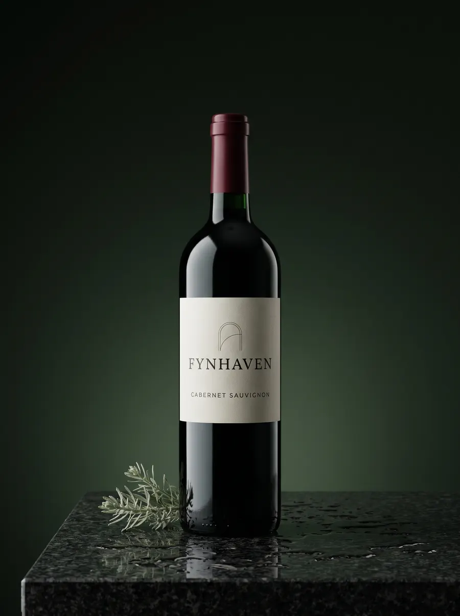 Fynhaven Cabernet Sauvignon bottle with a garnet capsule on dark granite