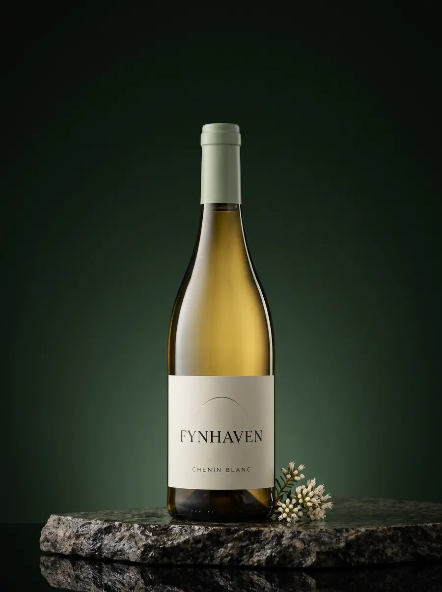 Fynhaven Chenin Blanc bottle with pale golden wine and white fynbos blossom
