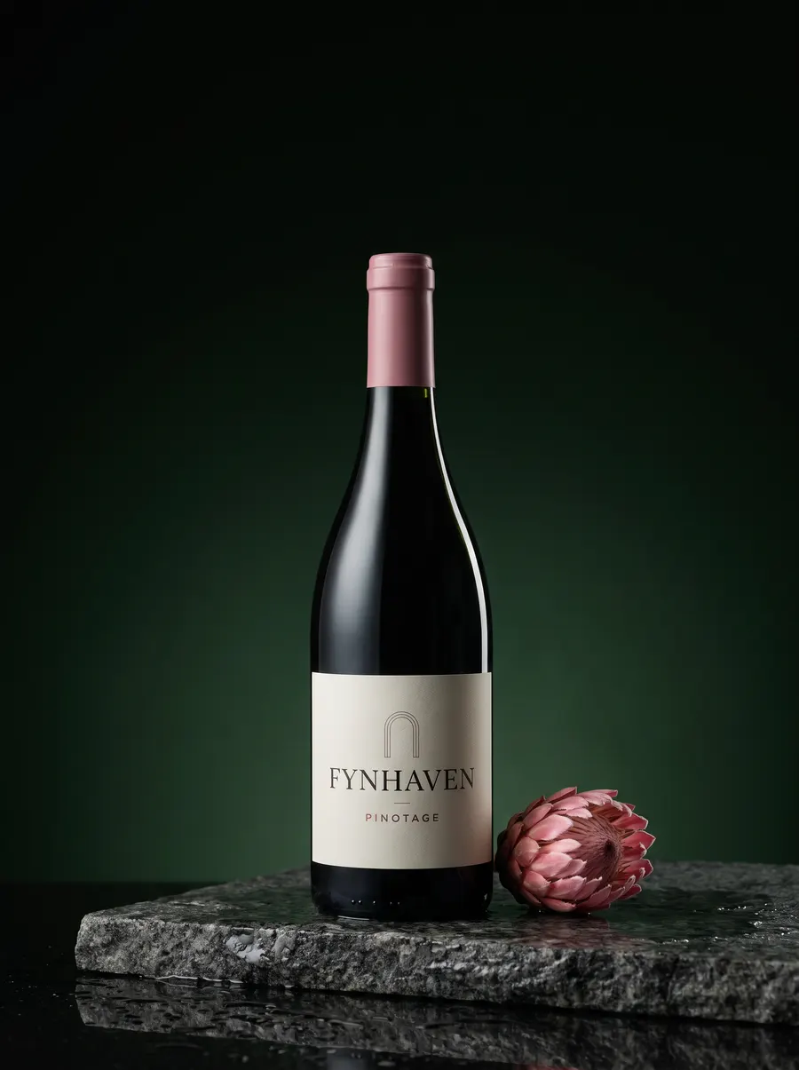 Fynhaven Pinotage bottle with a rose capsule beside a dried protea