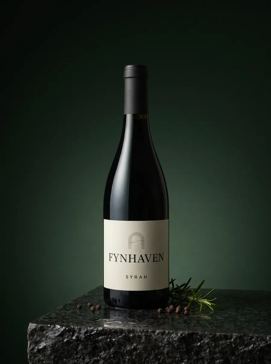 Fynhaven Syrah bottle with a black capsule beside peppercorns and wild rosemary