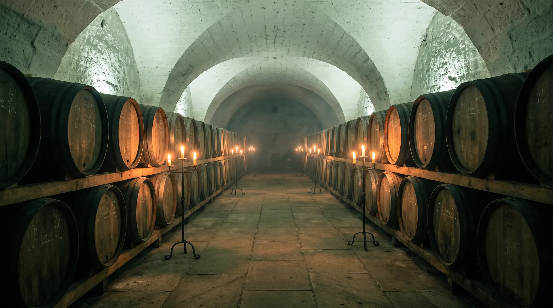 A candlelit vaulted cellar lined with oak barrels
