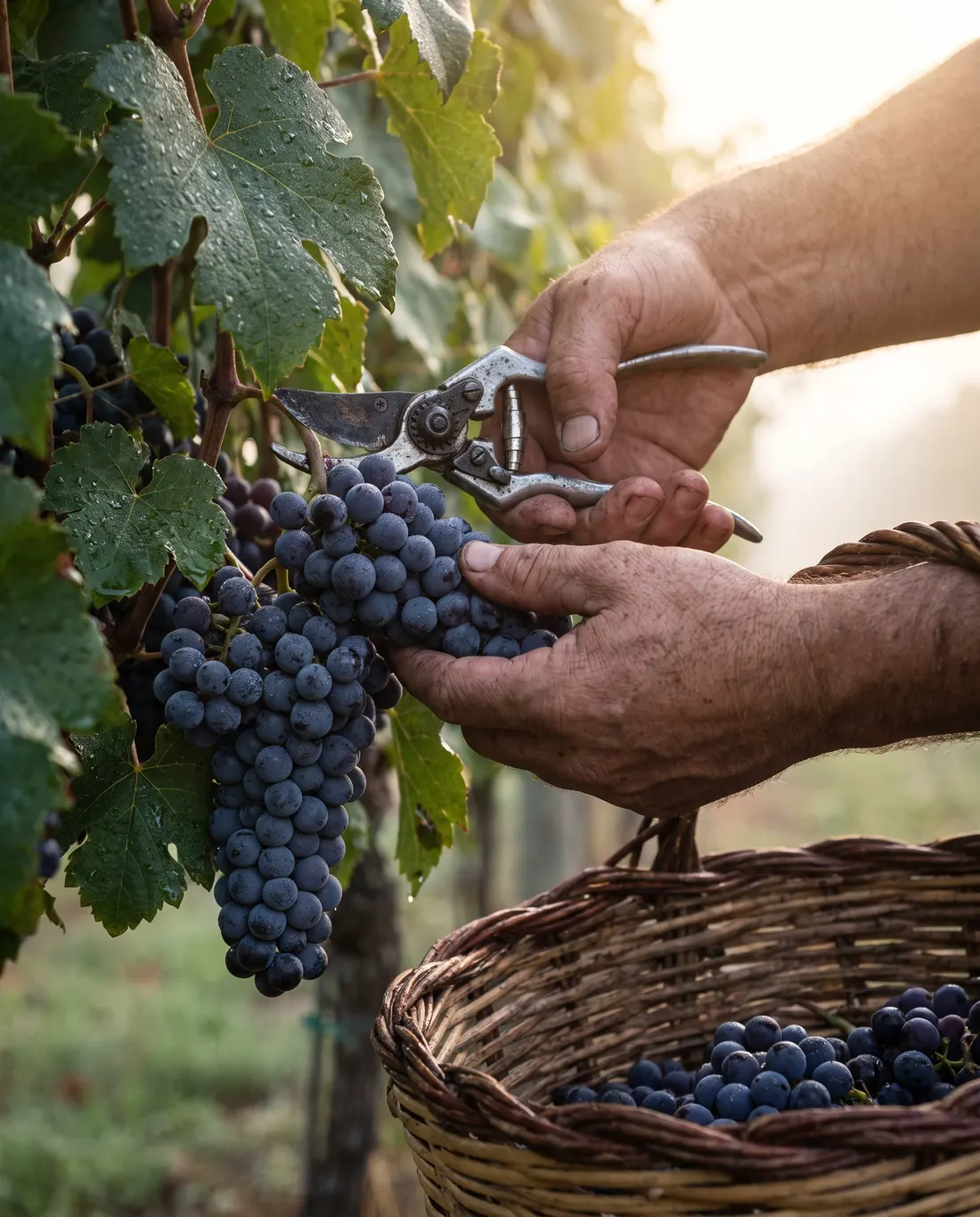 Hands cutting a cluster of dark grapes into a woven basket at dawn