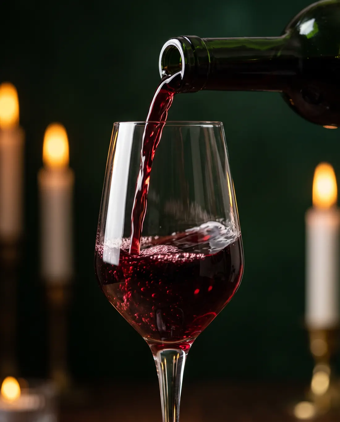 Deep ruby wine pouring into a crystal glass by candlelight